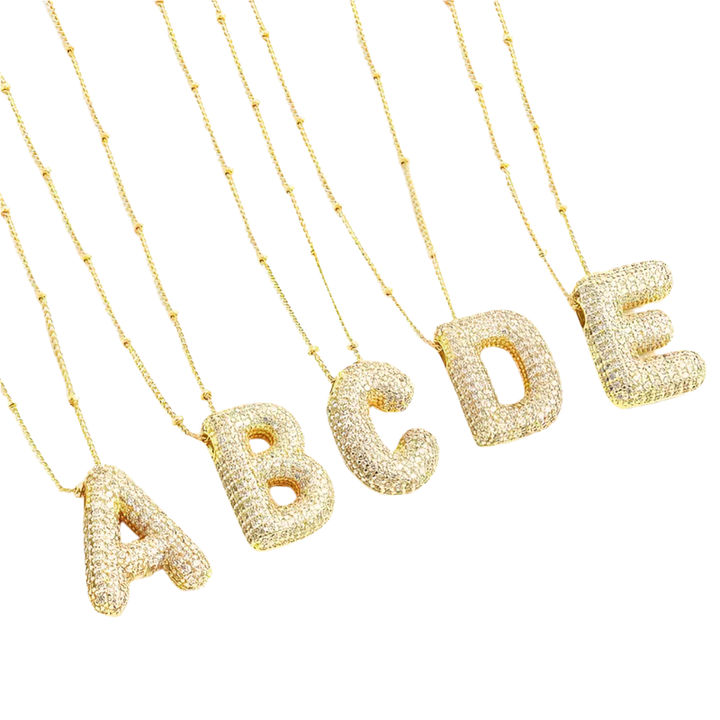 Bubble letter initial necklace set | White Gold