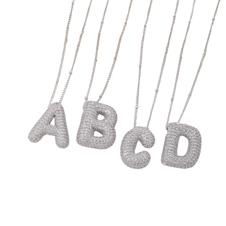 Bubble letter initial necklace set | White Gold